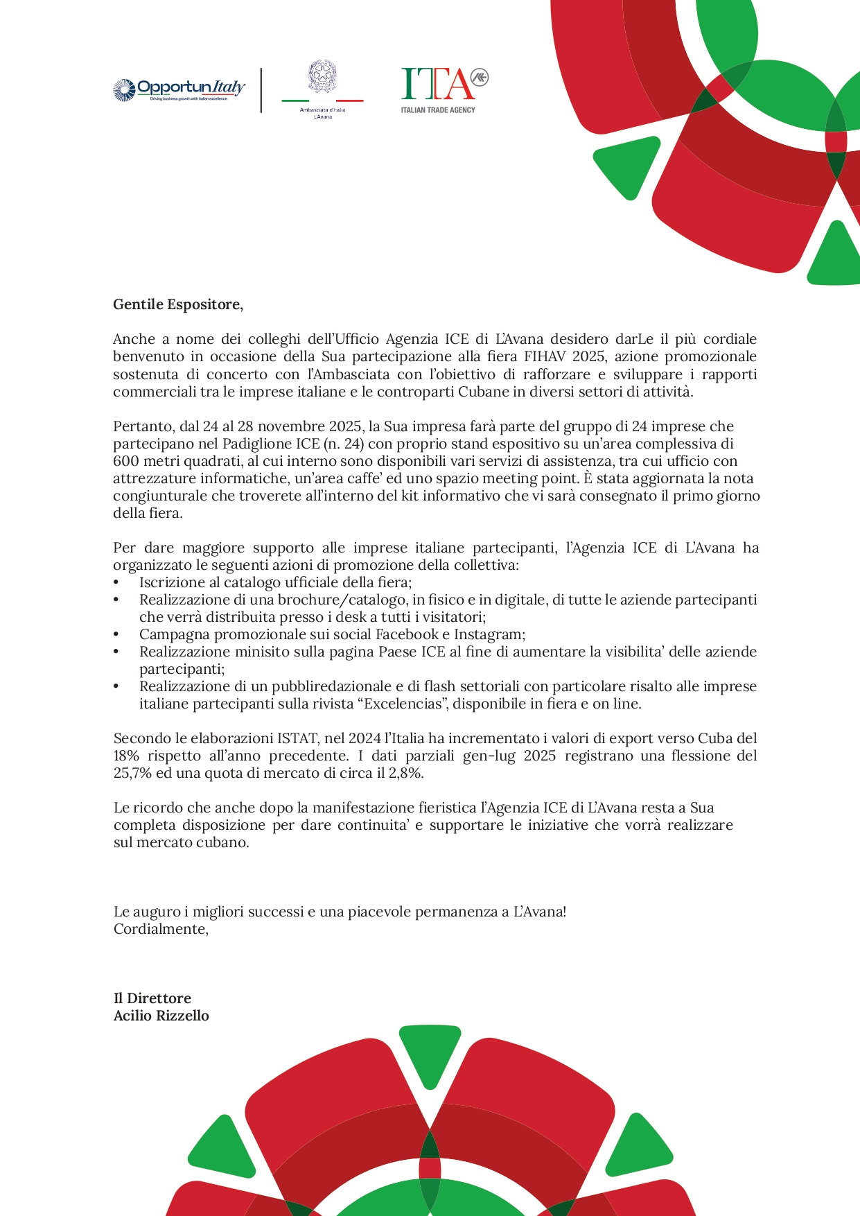 ACILIO RIZZELLO DIRETTORE ICE L'AVANA _ LETTERA DI BENVENUTO FIHAV 2025